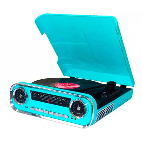 Lauson 01tt18 azul tocadiscos vintage 3 velocidades bluetooth usb grabación mp3 fm