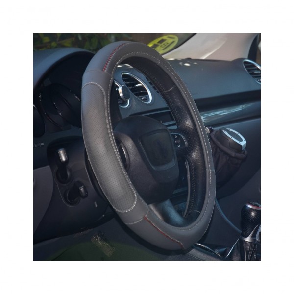 Funda de Volante Transpirable tipo Polipiel, con efecto Piel en Color Gris, Universal para Volnates 39-41cm diametro